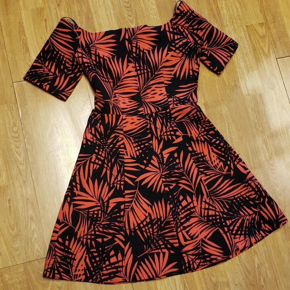 Zara palm leaf red/black OTS dress XS - Picture 4 of 4